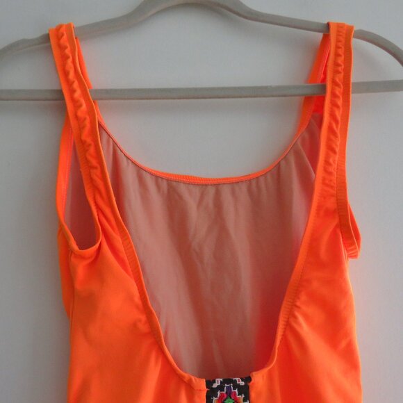 VINTAGE GOTCHA 90s Neon Orange Aztec Embroidered Open Back Swimsuit - Size S - Picture 9 of 15